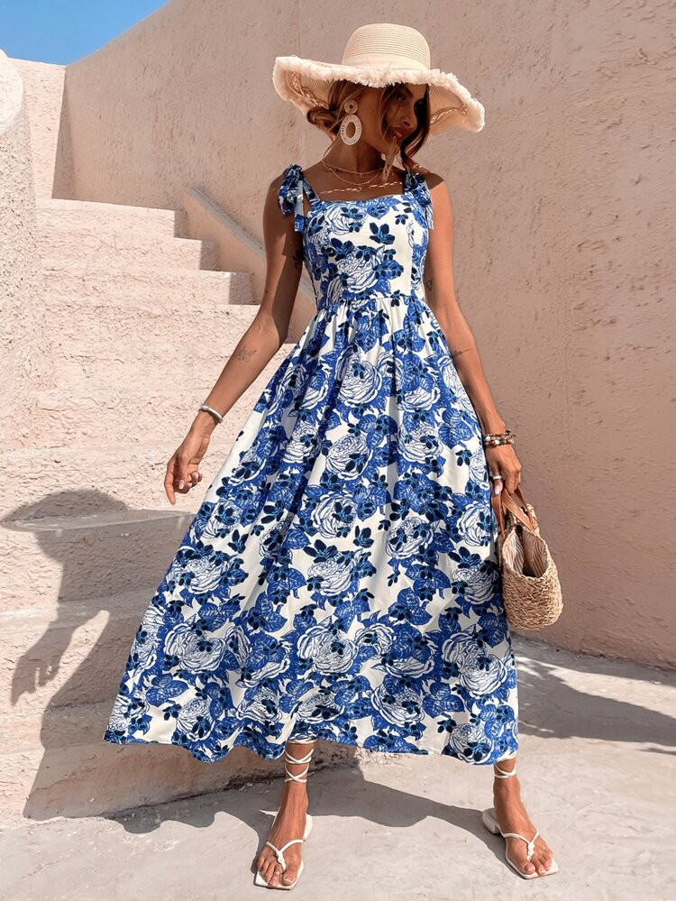 Floral Print Tie Shoulder Shirred Back Cami Dress | SHEIN