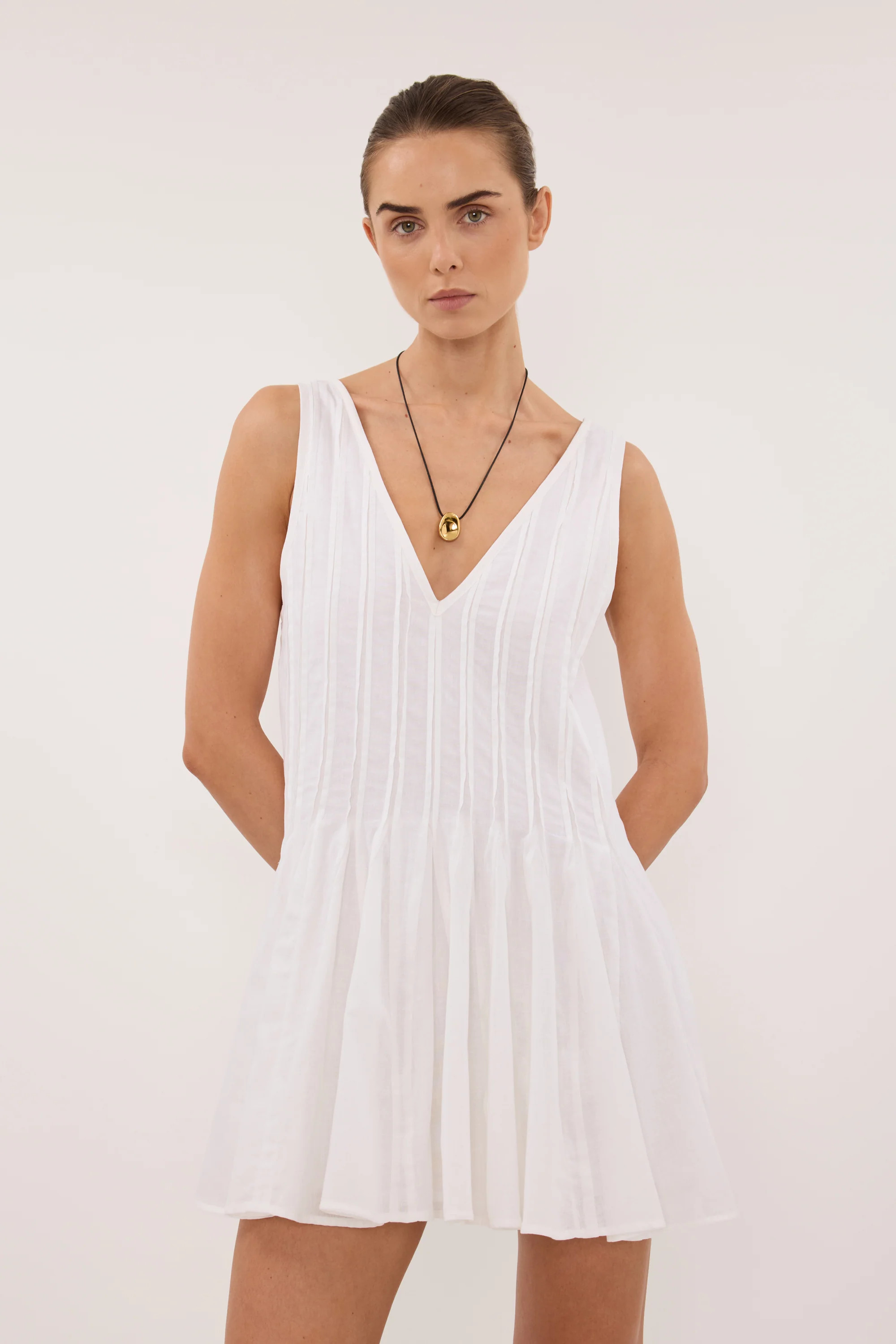 PIXIE WHITE LINEN MINI GODET DRESS | DISSH