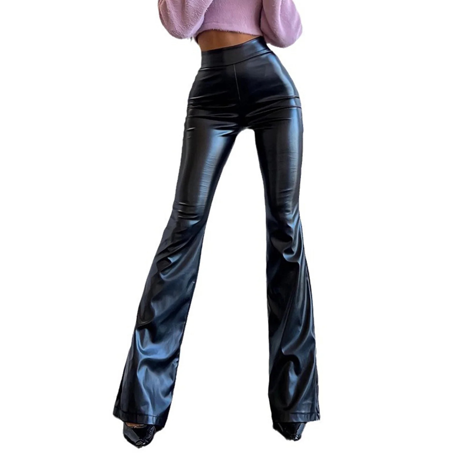 Simua Women's Faux Leather Pants PU High Waist Flare Long Pants Bootcut Bell Bottom Trousers with... | Walmart (US)