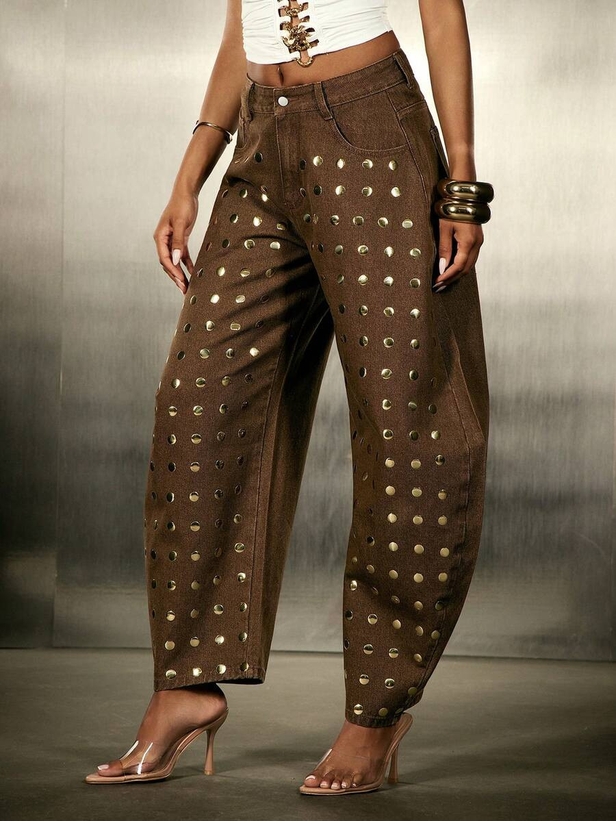 Denimoi Studded Barrel Leg Jeans Fashionable Streetwear Barrel Jeans Studded Jeans Concert Outfit... | SHEIN