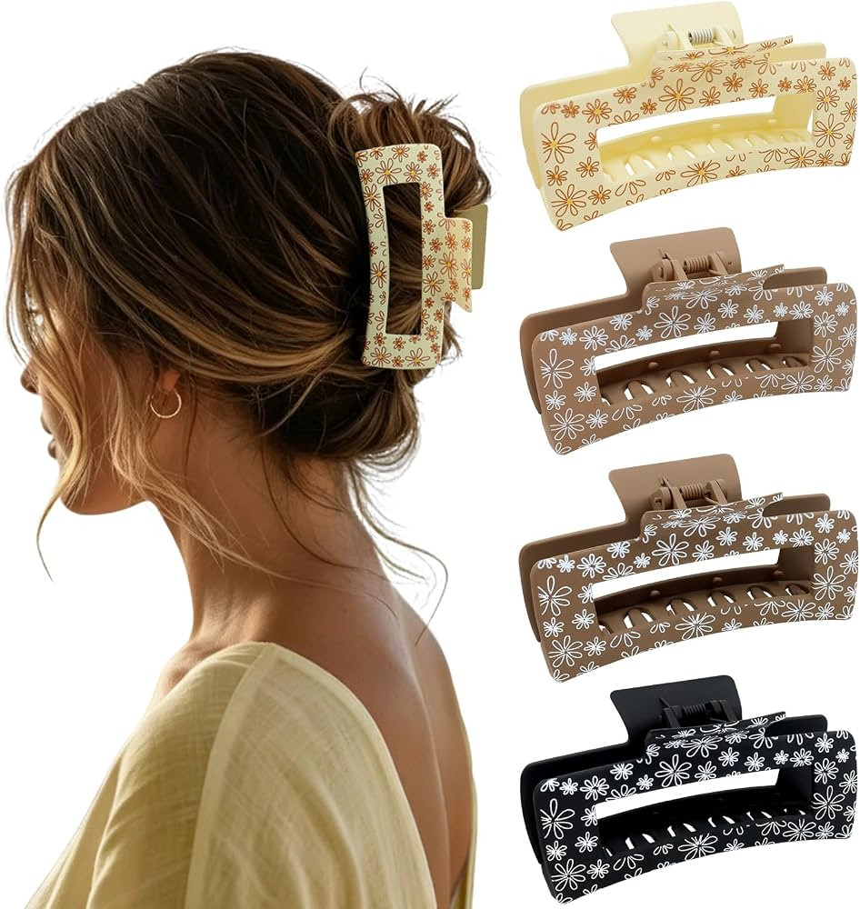 Cute Large Hair Claw Clips Square Flower Brown Hair Clips for Women | Amazon (US)