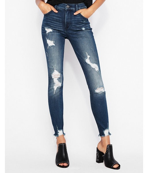 Express Womens High Waisted Ripped Denim Perfect Ankle Leggings Blue Women's 00 Short Blue 00 Short | Express
