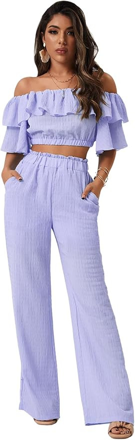 Romwe Women's 2 Piece Outfit Off The Shoulder Crop Top Wide Leg Pants Set | Amazon (US)