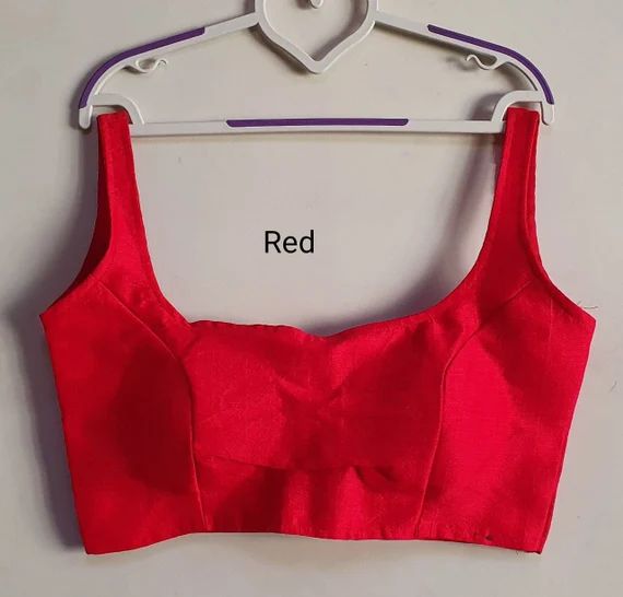 Beautiful Red Readymade Art Silk Plain Designer Stitched New Sari Blouse Choli Top Tunic Sleevele... | Etsy (US)