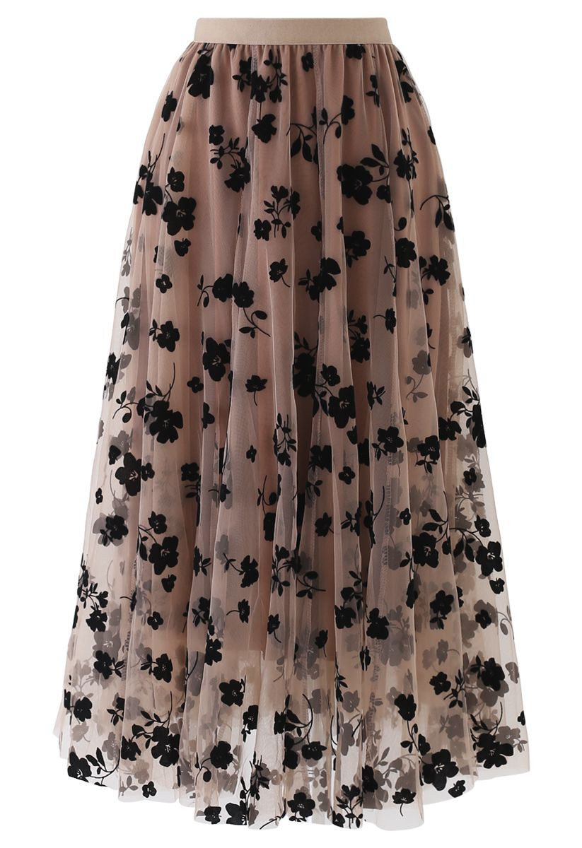 3D Posy Double-Layered Mesh Midi Skirt in Caramel | Chicwish