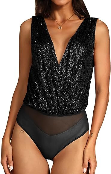 FAIABLE Sequin Tops Bodysuit for Women Sparkly Tops Sleeveless Tank Top Deep V Backless Sexy Body... | Amazon (US)