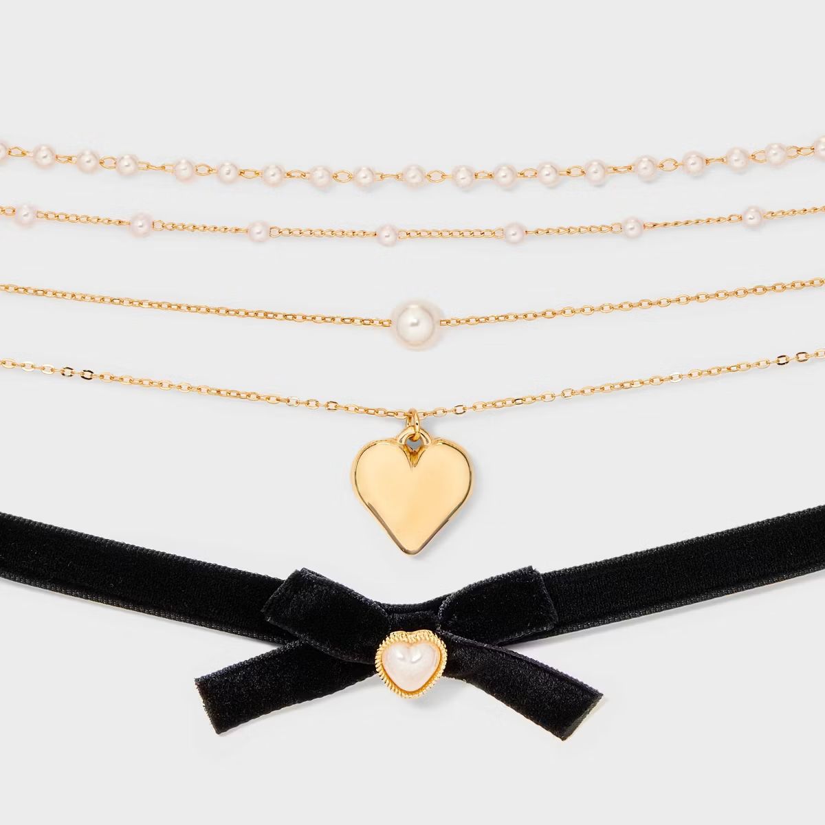 Dainty Chain with Hearts & Bows Simulated Pearl Choker Necklace Set 5pc - Wild Fable™ Black/Gol... | Target