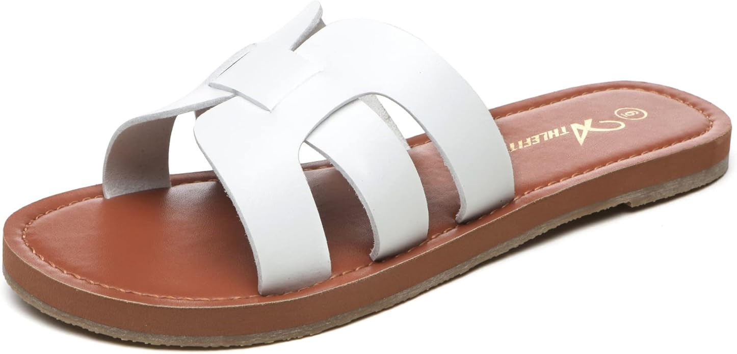 Athlefit Women's Flat Sandals Summer Casual Slip On Leather Slide Sandal | Amazon (US)