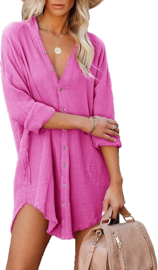 Women's Long Sleeve Cotton Button Down Tunic Dresses Beach Cover-ups Oversized Blouse Tops with P... | Amazon (US)