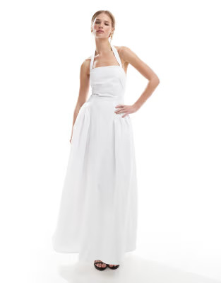 4th & Reckless cotton square halterneck hip pleat detail maxi dress in white | ASOS (Global)