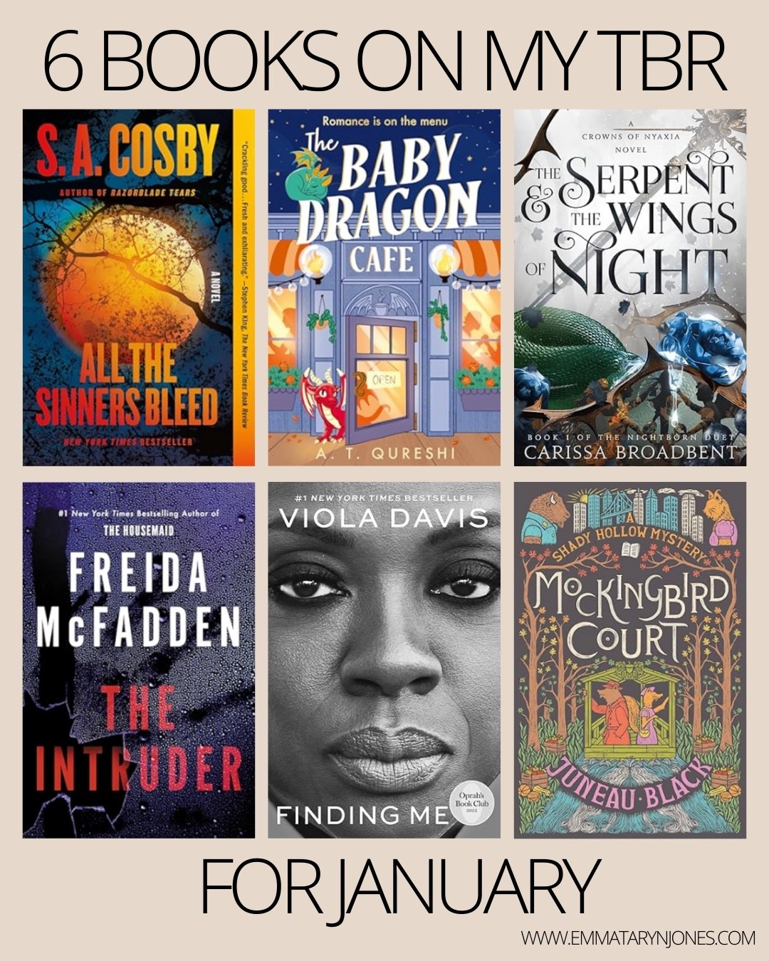 6 books on my January TBR list 
All the Sinners Bleed by SA Cosby
The Baby Dragon Cafe by AT Qureshi
The Serpent and the Wings of Night by Carissa Broadbent 
The Intruder by Freida McFadden
Finding Me by Viola Davis 
Mockingbird Court by Juneau Black

#LTKFindsUnder50 #LTKdayinmylife