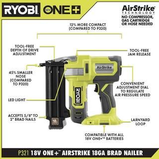 RYOBI ONE+ 18V 18-Gauge Cordless AirStrike Brad Nailer (Tool Only) P321 - The Home Depot | The Home Depot