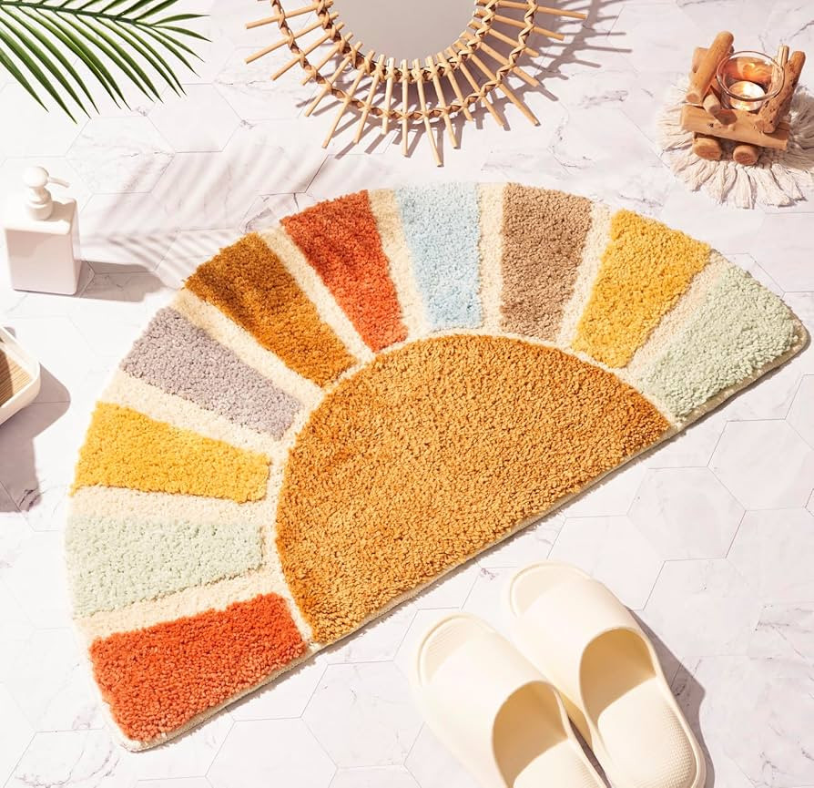 ONLYPENA Sunrise Boho Bathroom Rugs,Half Circle Bath Mat Cute,Sun Bath Mats,Retro Bohemian Home B... | Amazon (US)