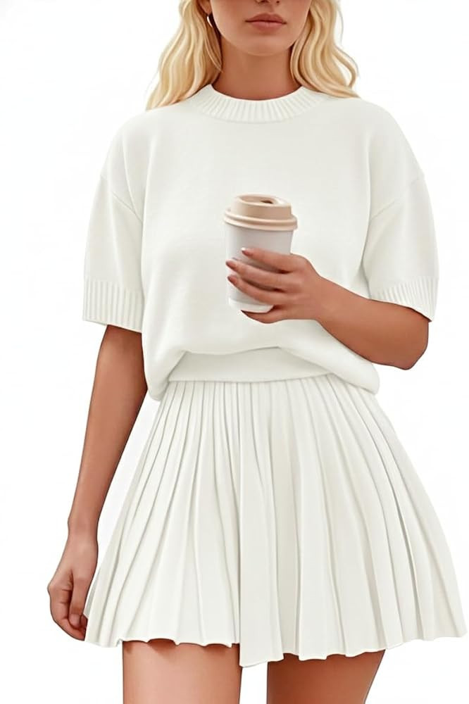 Womens 2 Piece Outfits 2026 Short Sleeve Crewneck Knit Tops And Pleated Mini Skirt Two Piece Sets | Amazon (US)