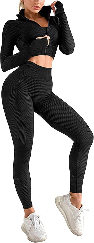 OLCHEE Women 3 Piece Workout Outfit Set Sports Bra Jacket and Legging | Amazon (US)