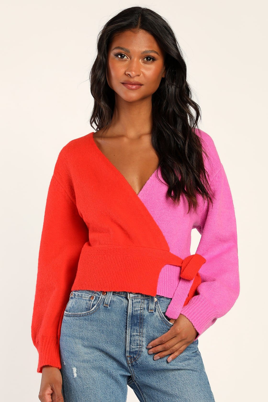 Vibrant Emotion Red and Bright Purple Color Block Wrap Sweater | Lulus (US)