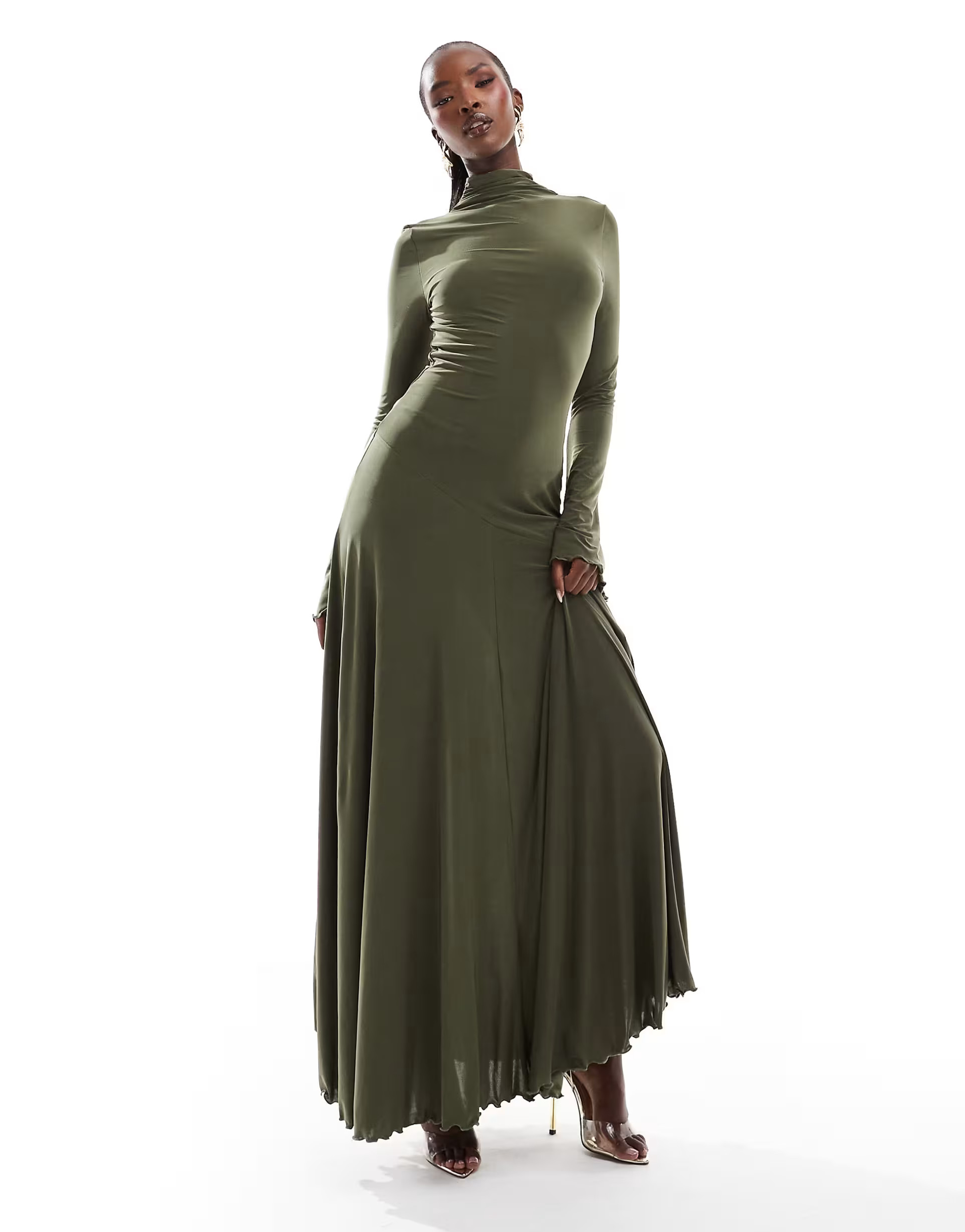 ASOS DESIGN high neck long sleeve a-line maxi dress in khaki | ASOS (Global)
