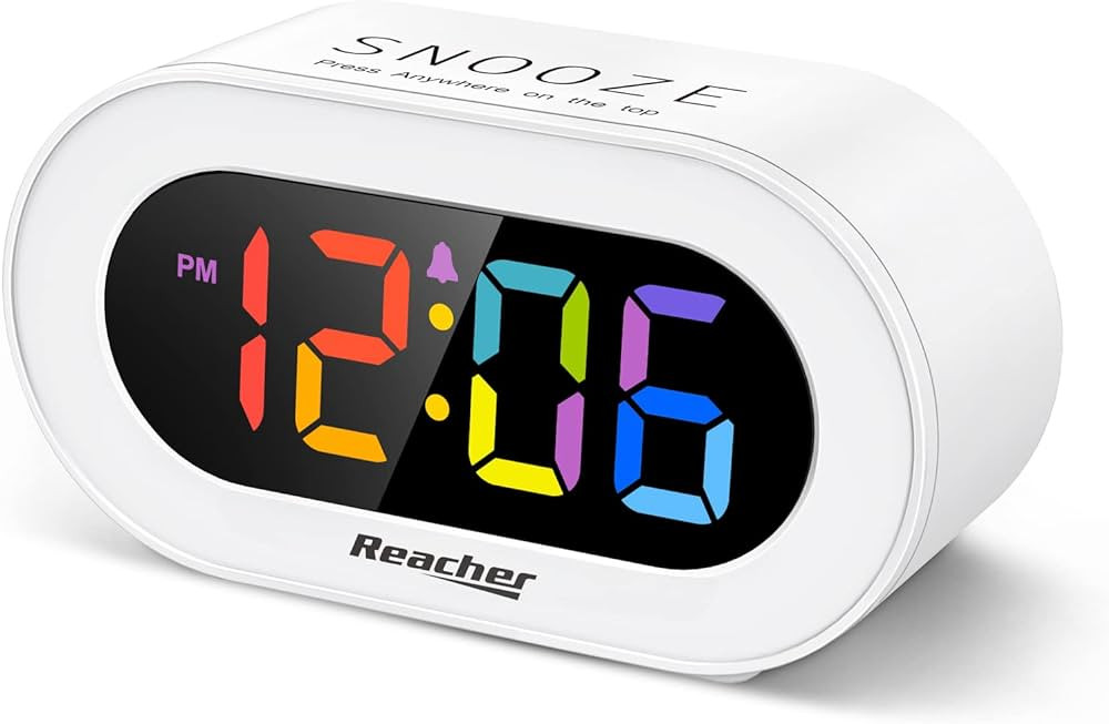 REACHER Small Colorful LED Digital Alarm Clock with Snooze, Simple to Operate, Full Range Brightness Dimmer, Adjustable Alarm Volume, Outlet Powered Compact Clock for Bedrooms, Bedside, Desk, Shelf | Amazon (US)