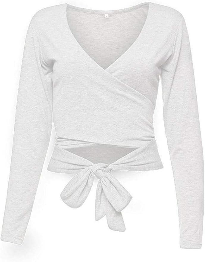 Famulily Women's Sexy Deep V Neck Bandage Surplice Wrap Crop Top | Amazon (US)