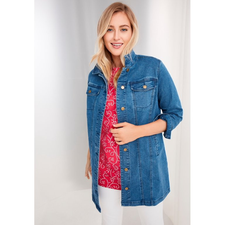 Jessica London Women's Plus Size Long Denim Jacket Tunic Length Jean Jacket | Walmart (US)