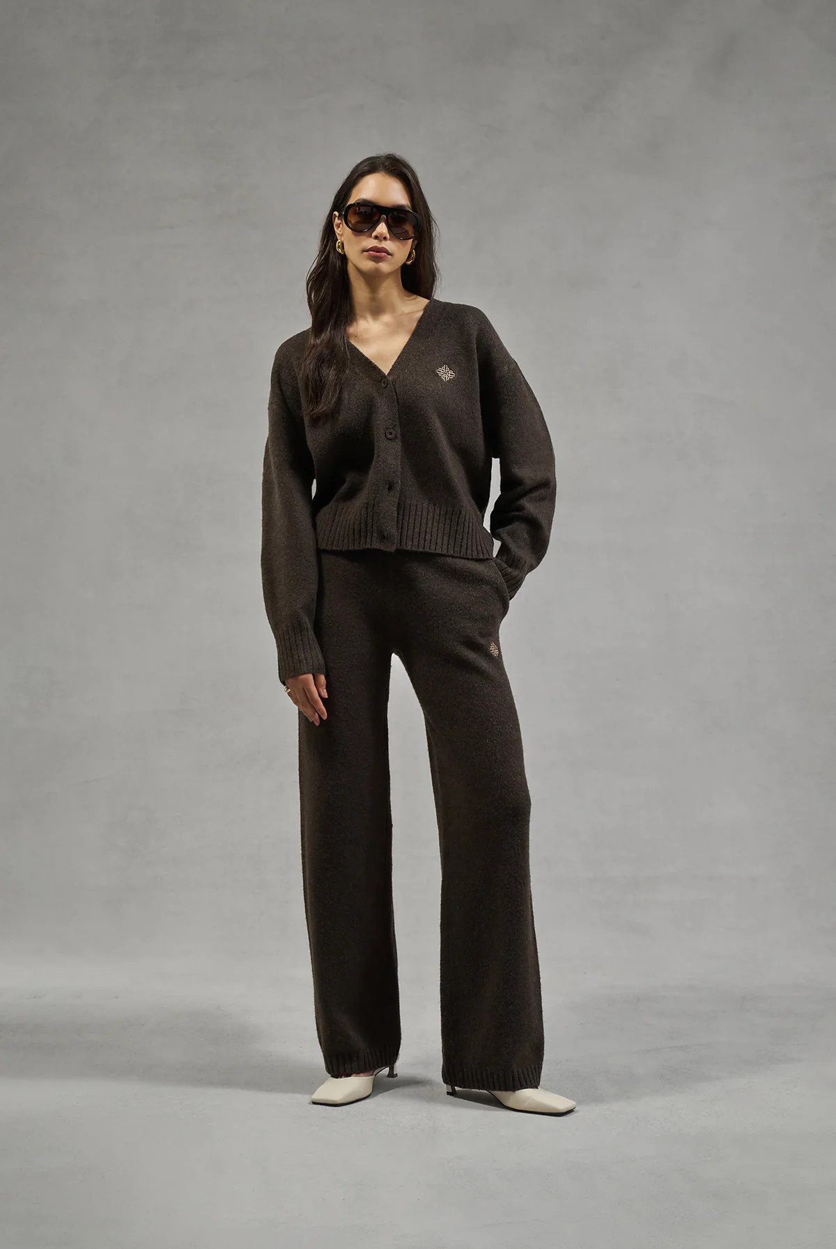 FLUFFY KNIT EMBLEM EMBROIDERED JOGGER - BROWN | The Couture Club