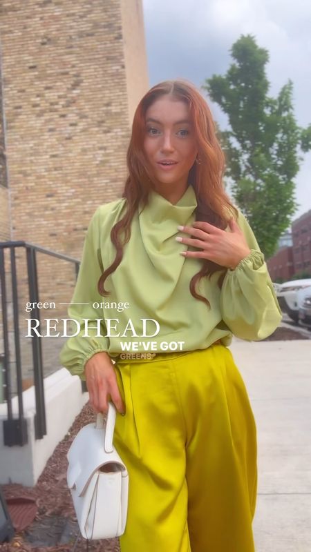 Orange and green color palette 
Redhead business casual look 
Green silks 
Flare pants 
Cloud purse 
Stilettos 

#LTKFindsUnder100 #LTKU #LTKWorkwear