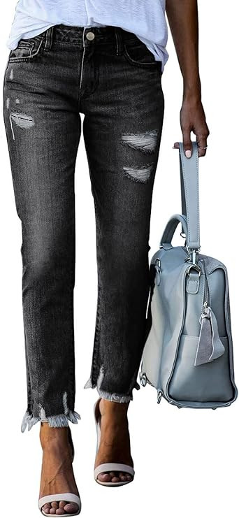 EVALESS Womens Jeans Mid Waisted Stretch Ripped Distressed Tummy Control Straight Ankle Jean for ... | Amazon (US)