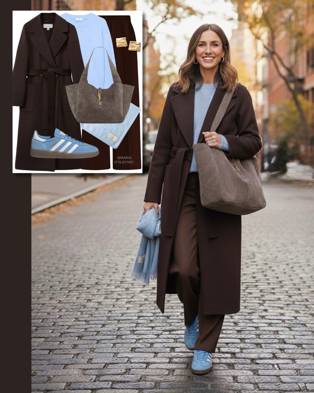 Chocolate brown coat, baby blue sweater, brown pants, blue Adidas sneakers casual outfit 🤎🩵✨

#LTKootd #LTKSeasonal