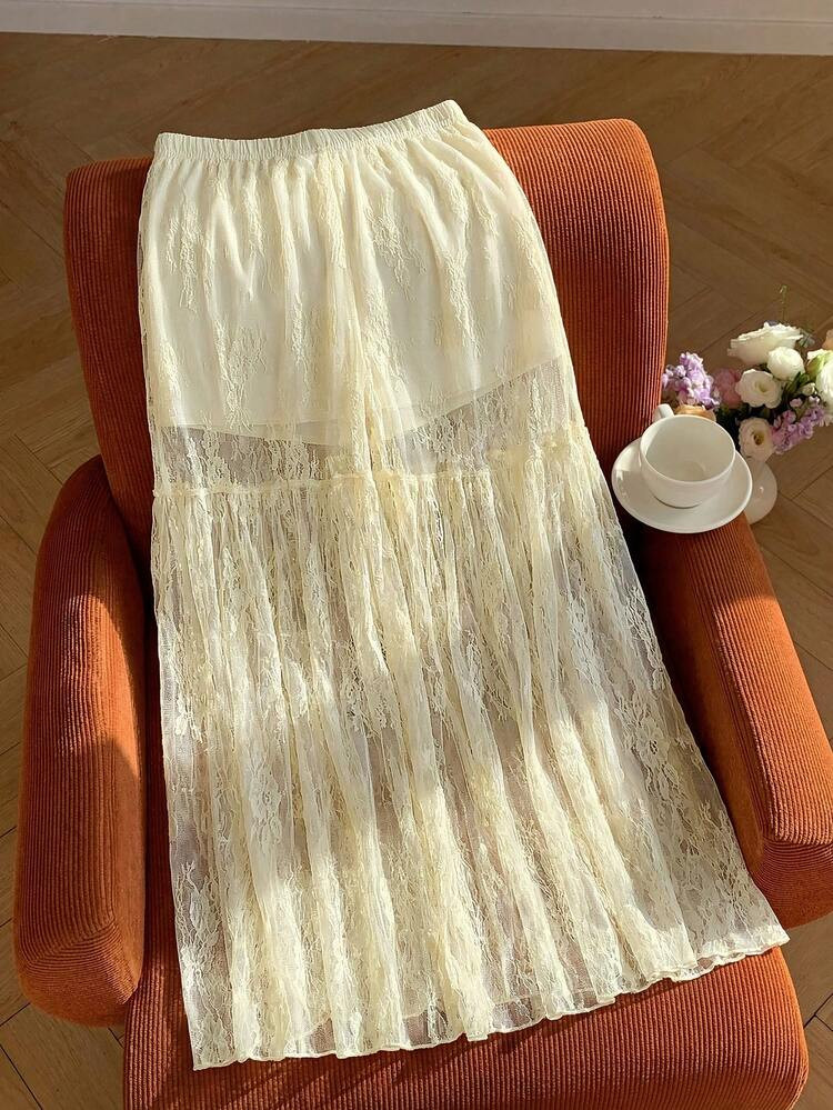 Comfortcana Women's Elastic Waist Lace Patchwork Maxi A-Line Skirt, Elegant Yellow, Summer | SHEIN