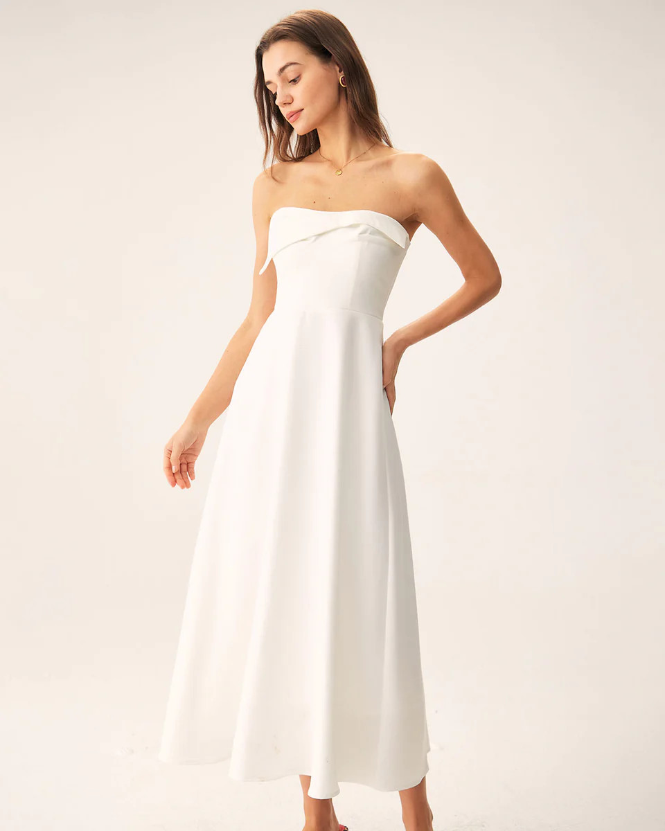 White Strapless Pleated Backless Maxi Dress | rihoas.com