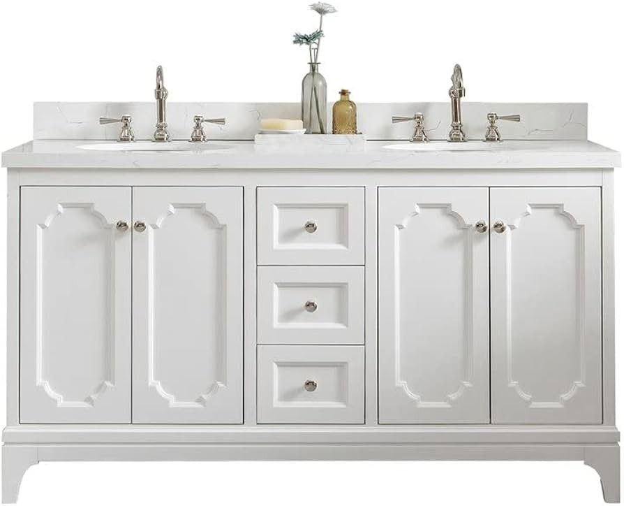 Water Creation Queen 60" W Wood Double Bathroom Vanity in Pure White/Nickel | Amazon (US)