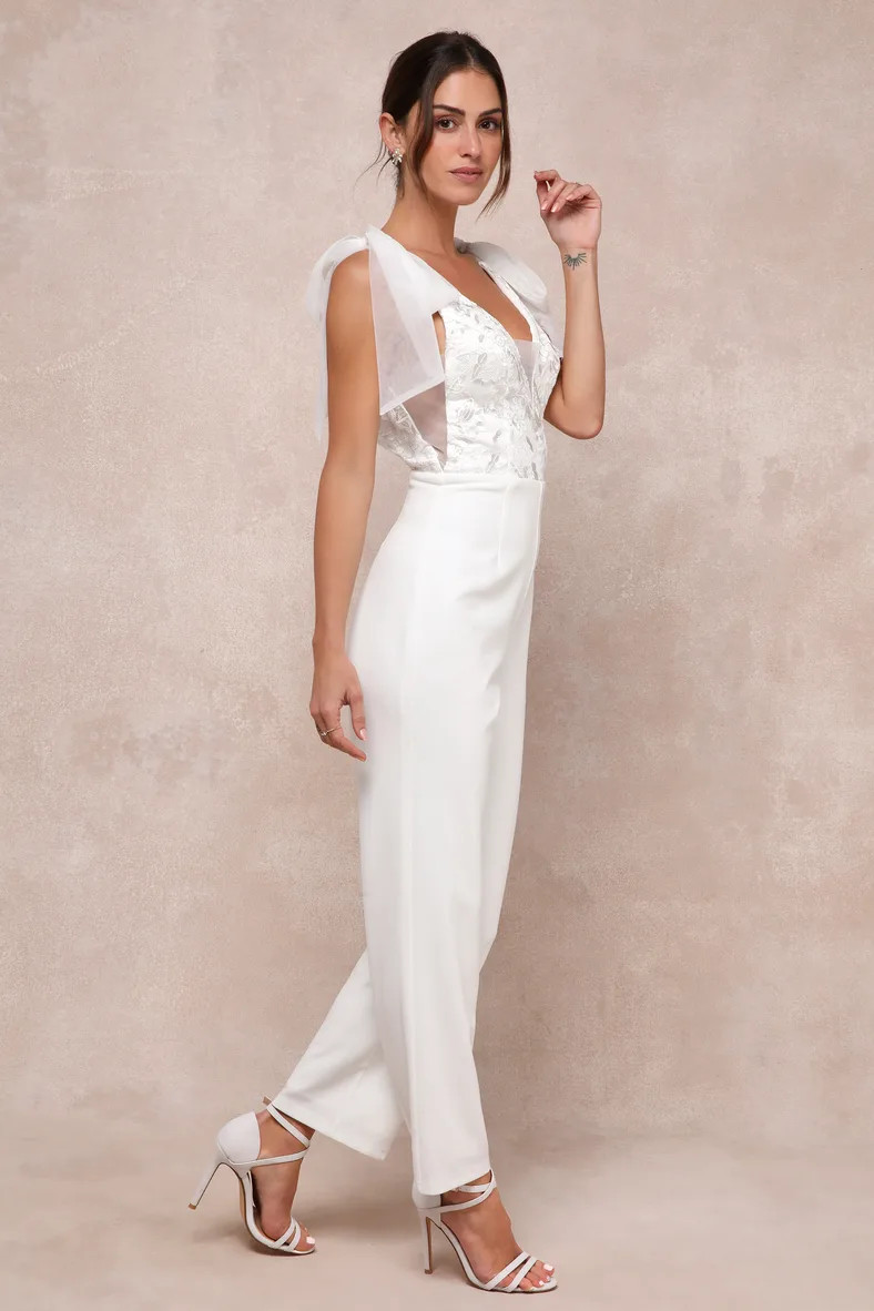 Dignified Beauty White Mesh Embroidered Tie-Strap Jumpsuit | Lulus