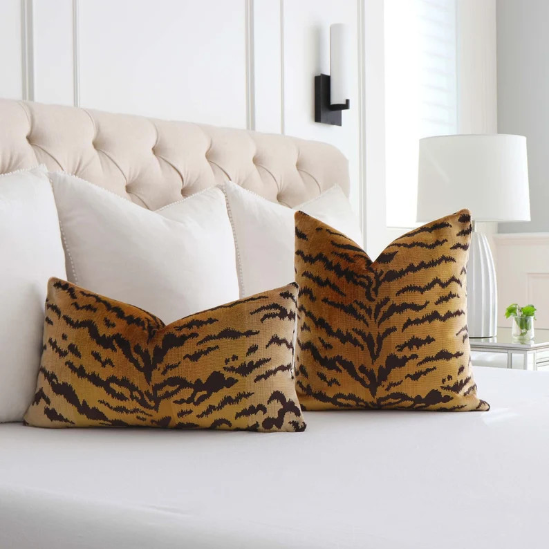 Silk Velvet Tiger Print Lumbar Throw Pillow Cover with Zipper in Gold & Black, Scalamandre Le Tig... | Etsy (Global)