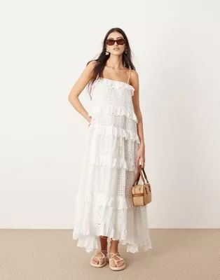 ASOS EDITION strappy eyelet trapeze tiered maxi dress in white | ASOS (Global)