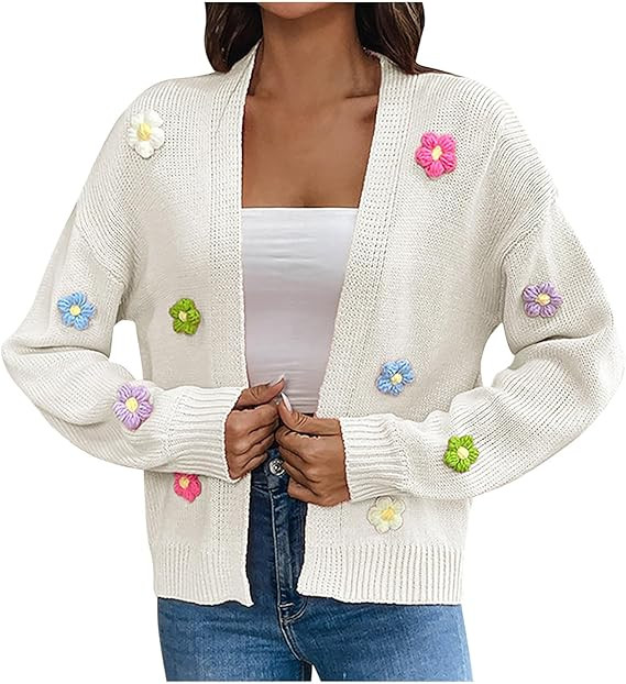 Womens Y2K Cardigan Sweaters Long Sleeve Open Front Flower Knit Cardigan Aesthetic 90s Shrug Back... | Amazon (US)