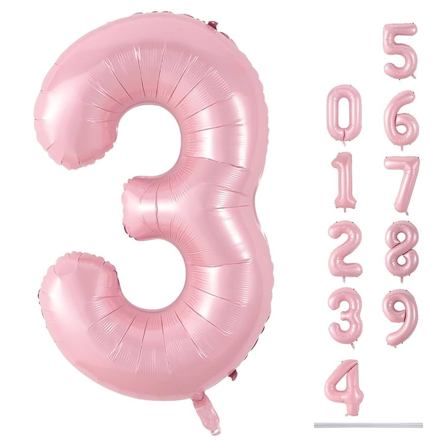 Pastel Pink Number 3 Balloon, 40 Inch Giant Pearl Light Pink Helium Foil Number 0-9 for Girls, Se... | Amazon (US)