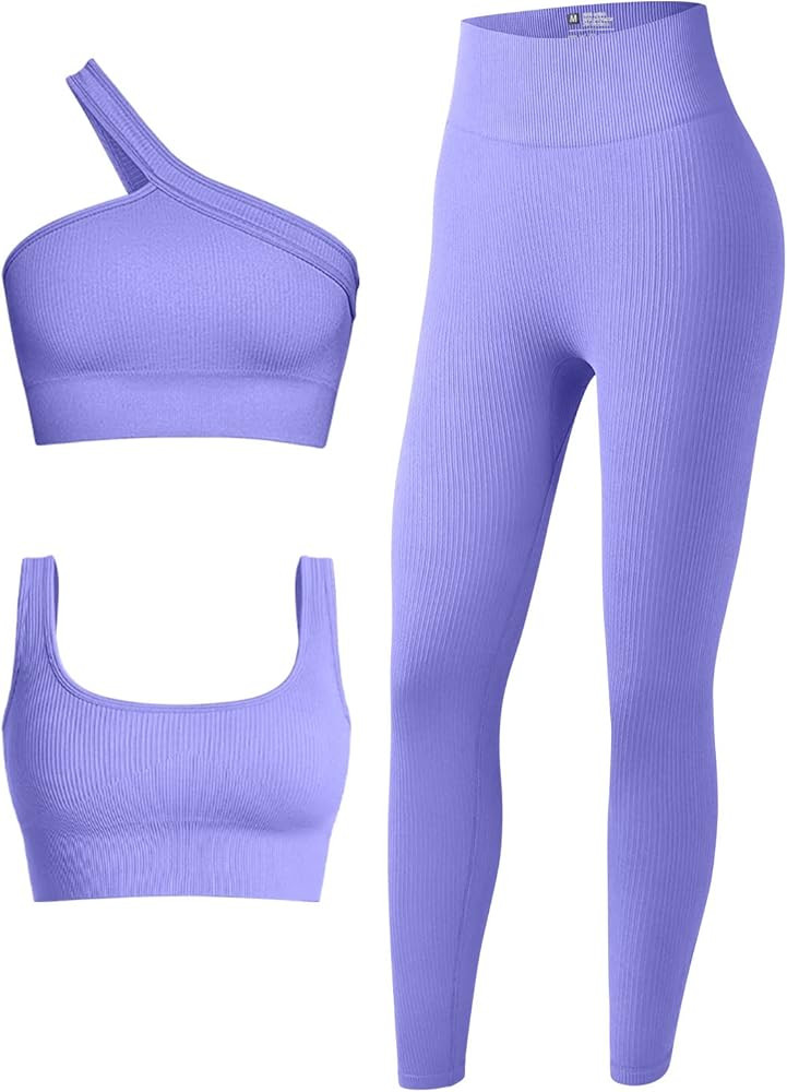 OQQ Women's 3 Piece Outfits Ribbed Seamless Exercise Scoop Neck Sports Bra One Shoulder Tops High Wa | Amazon (US)