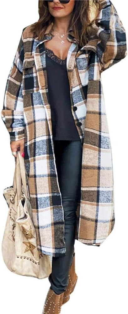 Women's Casual Plaid Jacket Wool Blend Button Down Long Sleeve Jacket Coat with Pocket | Amazon (US)