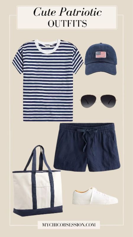 Looking for a cute but casual Memorial Day weekend or Fourth of July look? Try an American flag baseball cap, a striped t-shirt, a canvas tote, navy shorts, white tennis shoes and aviators.

#LTKStyleTip #LTKSeasonal