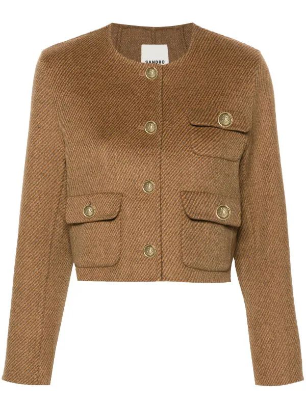 SANDRO Collarless Felted Cropped Jacket - Farfetch | Farfetch Global