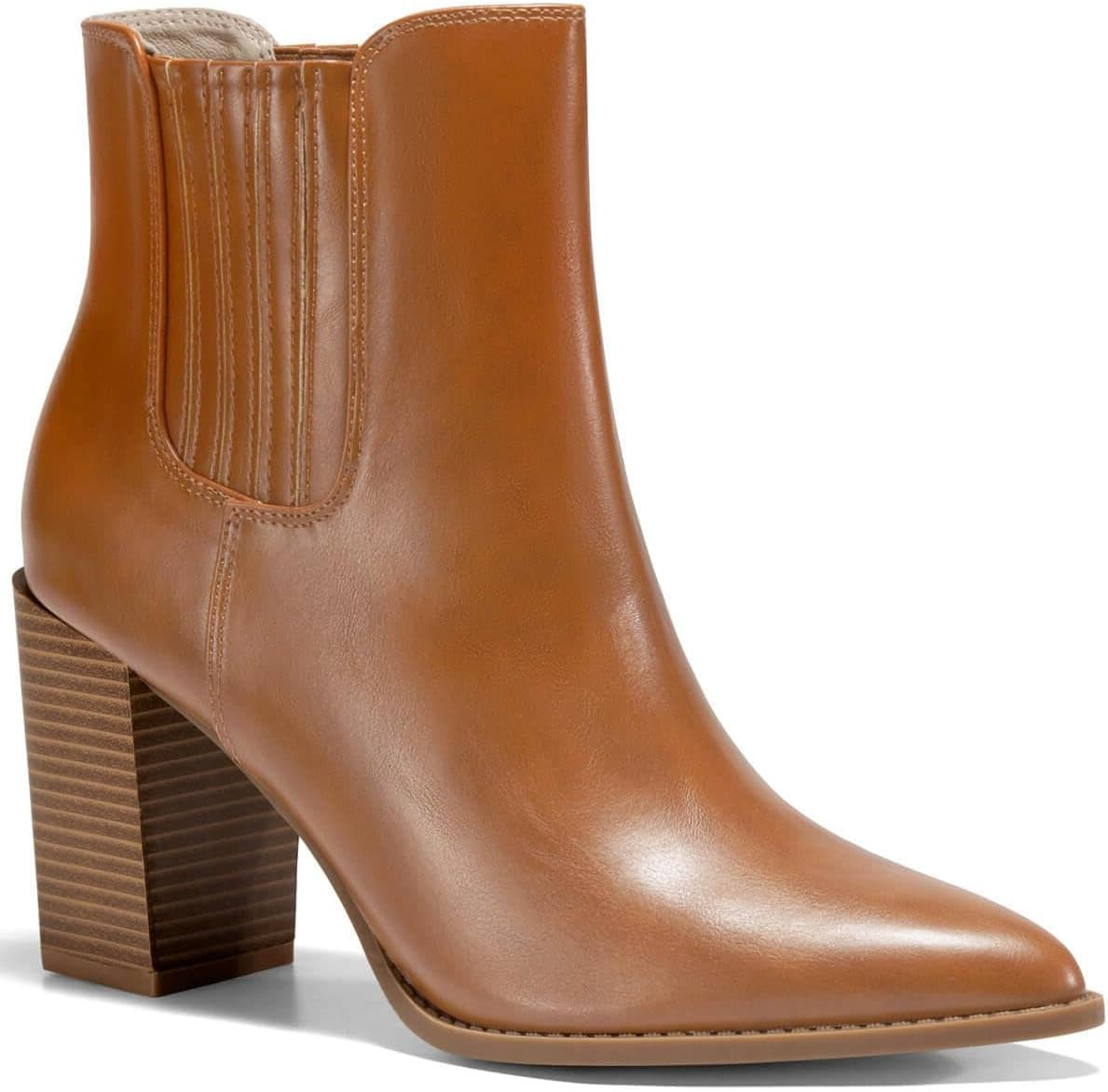 Womens Booties Pointed Toe Stacked Heel Fashion Chelsea Ankle Boots | Amazon (US)