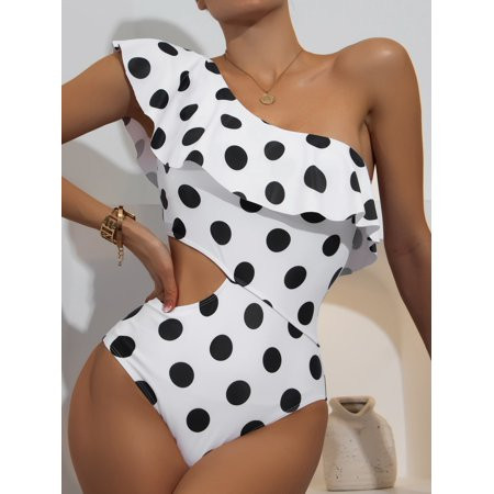 Cute Women s Polka Dot Ruffle One Shoulder One Piece Swimsuit S221304X Black and White Swimwear | Walmart (US)