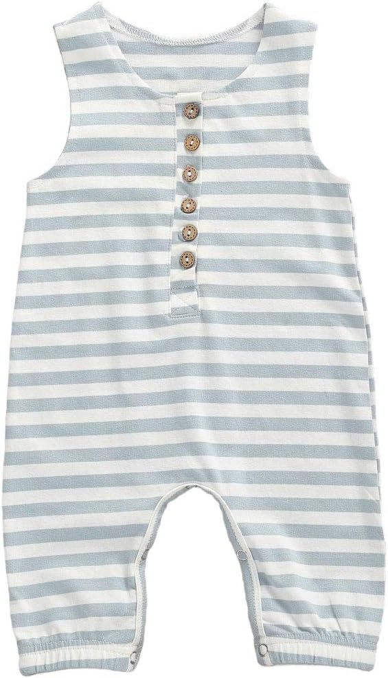Seyurigaoka Unisex Baby Striped Rompers, Infant Baby Boy Girl Sleeveless Button One-Piece Solid C... | Amazon (US)