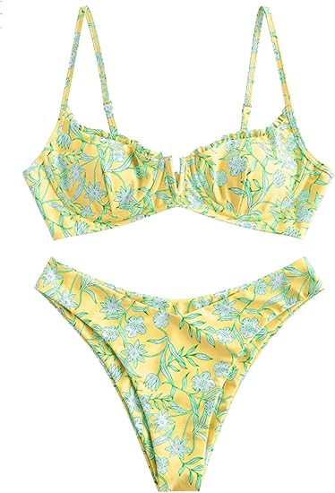 ZAFUL Women's Underwire Bikini Floral High Cut Bikini Set V-Wired Two Piece Swimsuit Bathing Suit | Amazon (US)