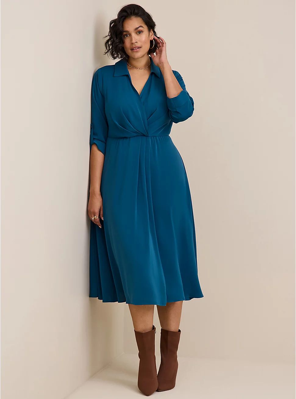 Midi Studio Crepe De Chine Collared Shirt Dress | Torrid (US & Canada)