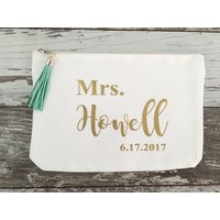 Wedding Cosmetic Bag, Mrs Makeup Bag, Natural Canvas Cosmetic Storage, Monogram Makeup Bag, Makeup Traveling Pouch, Gift for Brides, Bridal | Etsy (US)