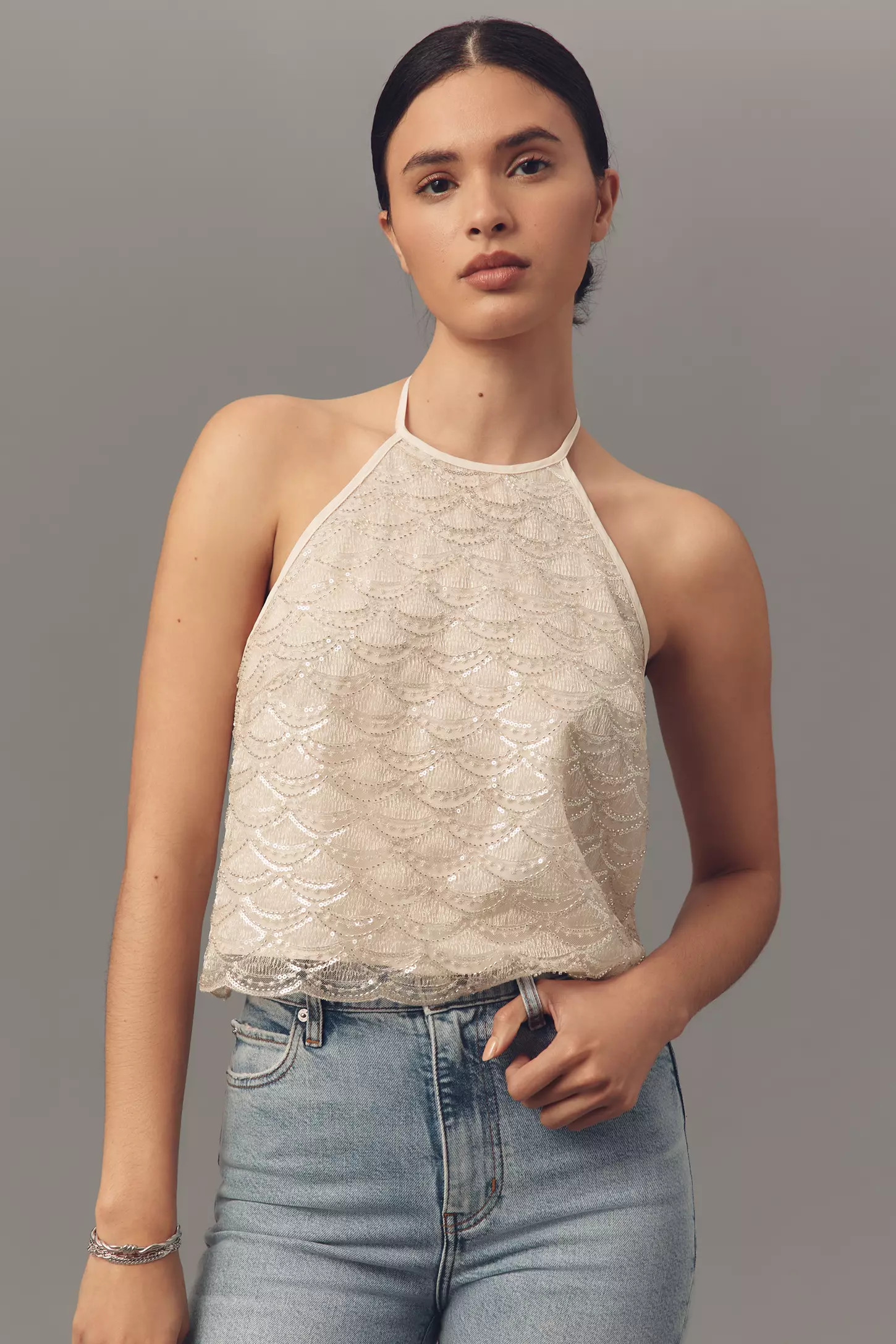 Flat White Embellished Halter Tank Top | Anthropologie (US)