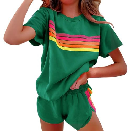 Women's 2 Piece Sets Summer Rainbow Striped Short Set Comfortable Short Sleeve Top and Shorts Matching Set | Amazon (US)