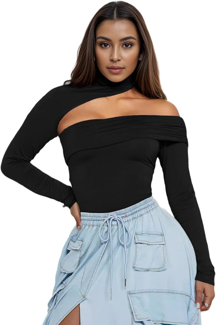 Jenbou Women's One Shoulder Long Sleeve Shirts Mock Neck Going Out Crop Top Cut Out 2024 Fall Out... | Amazon (US)
