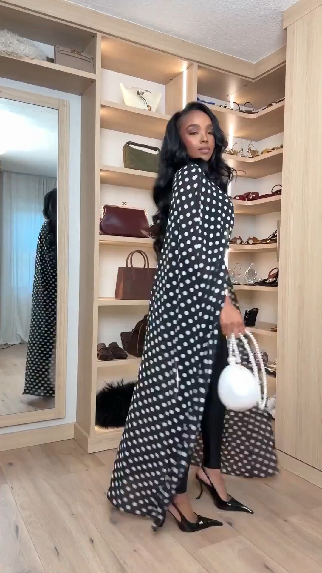 Scroll to shop!! 🖤 This black fitted base layered under a flowing polka dot duster is that effortless rich-auntie energy. 

#LTKgrwm #LTKootd #LTKPetite

#LTKootd #LTKgrwm #LTKPetite